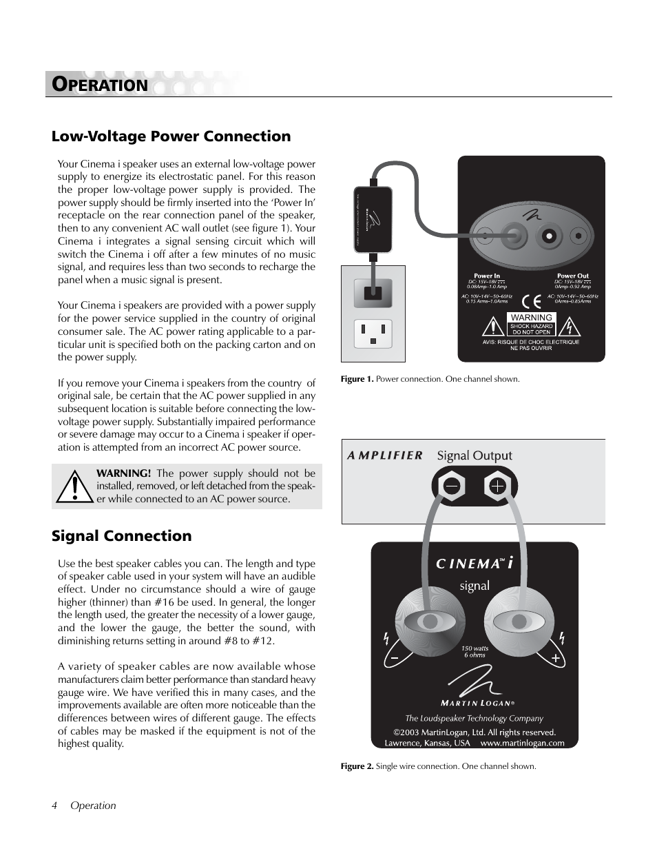 Operation, Low-voltage power connection, Signal connection | Peration | MartinLogan i User Manual | Page 4 / 24