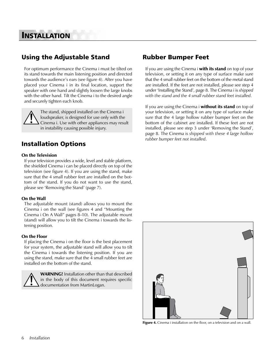 Installation, Using the adjustable stand, Installation options | Rubber bumper feet, Nstallation | MartinLogan i User Manual | Page 6 / 24