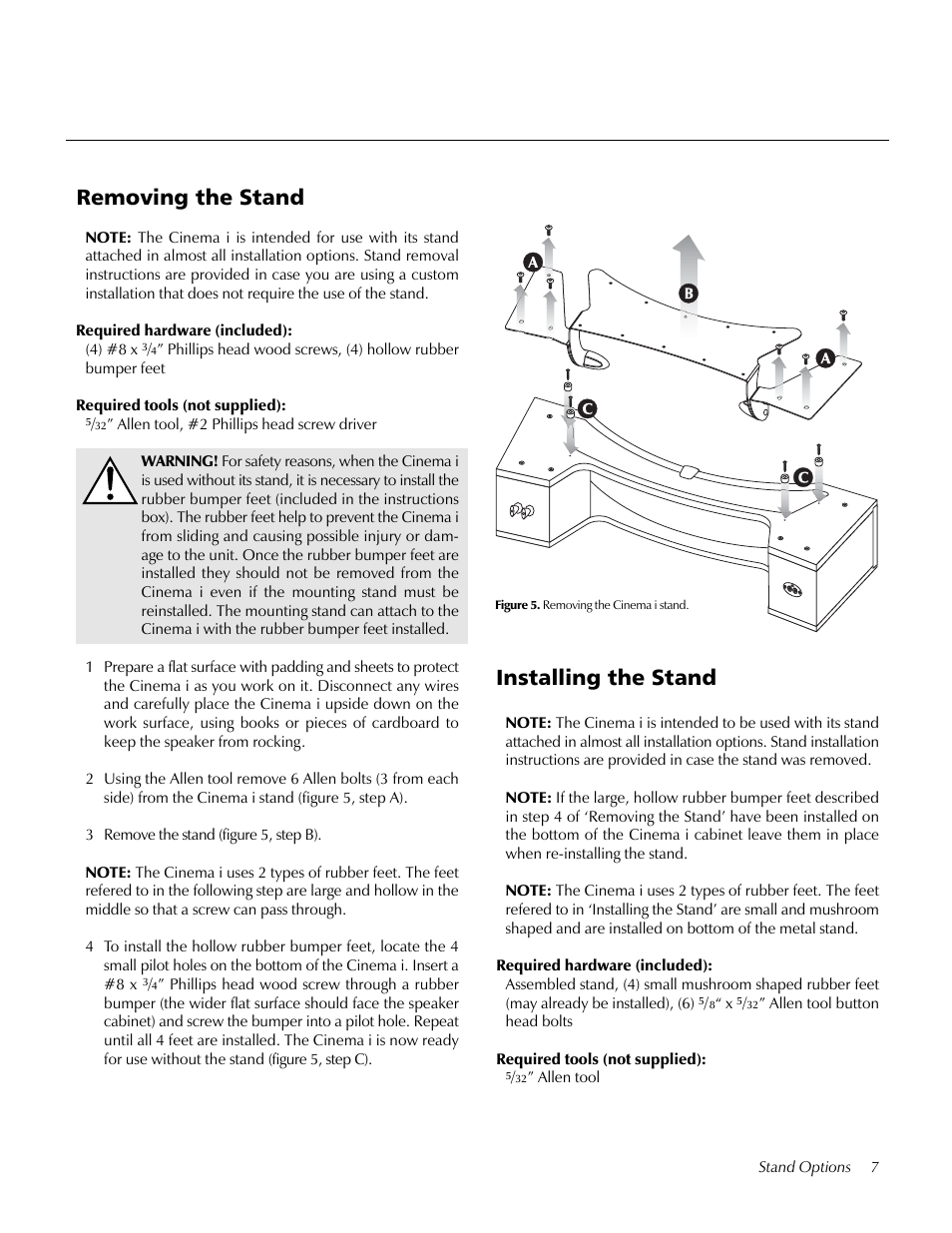 Removing the stand, Installing the stand | MartinLogan i User Manual | Page 7 / 24