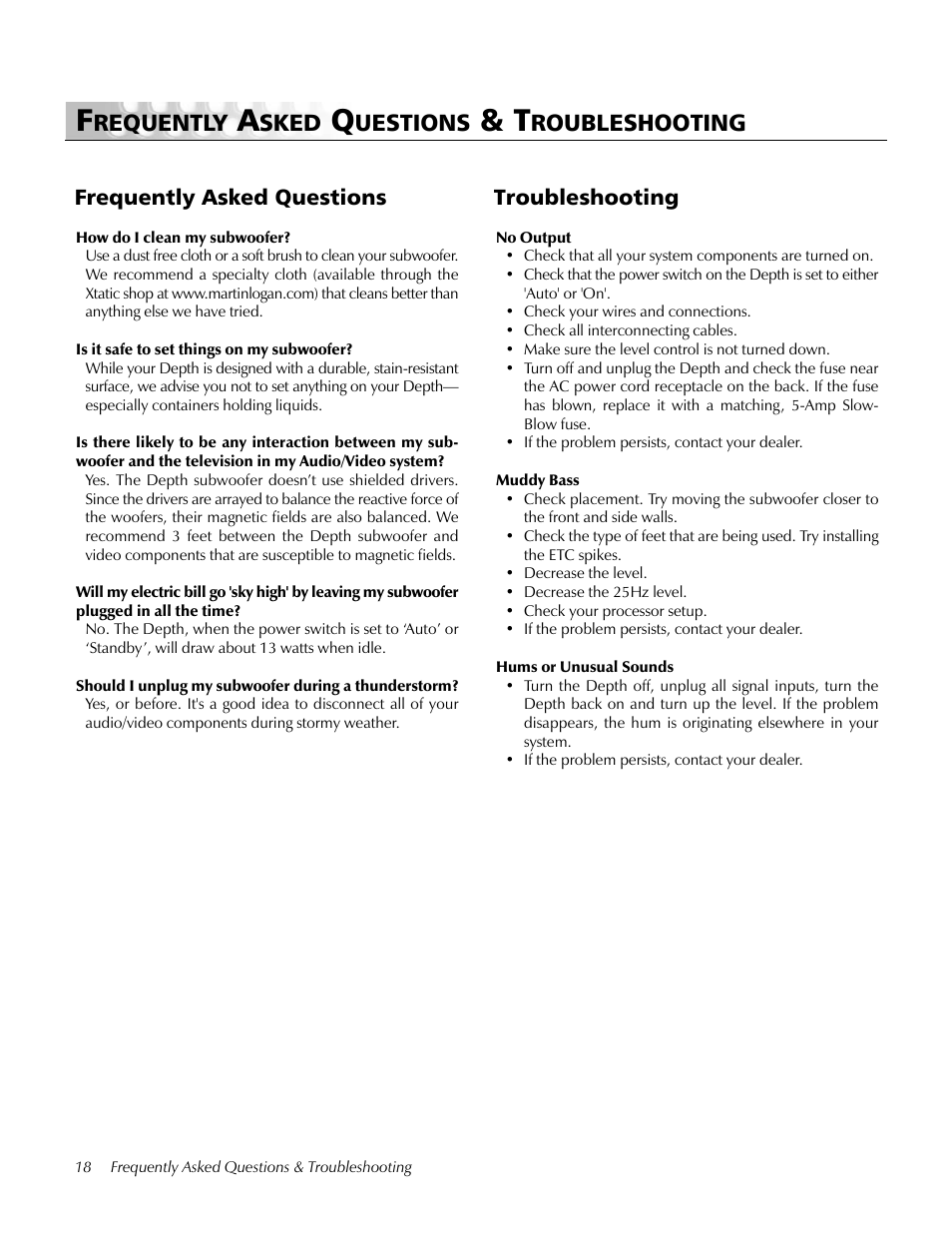 Faq & troubleshooting, Frequently asked questions, Troubleshooting | Requently, Sked, Uestions, Roubleshooting, Frequently asked questions troubleshooting | MartinLogan Depth subwoofer User Manual | Page 18 / 24