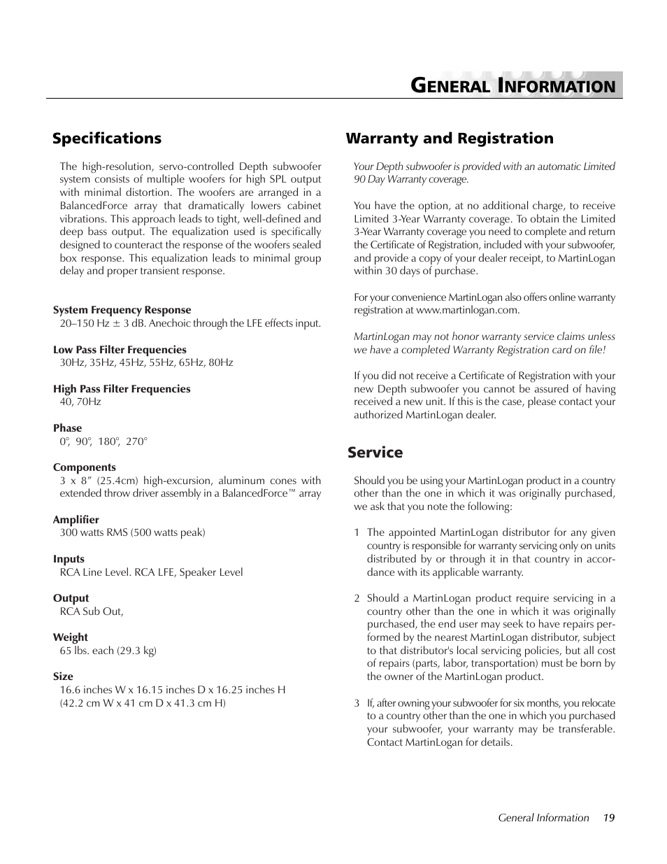 General information, Specifications, Warranty and registration | Service, Eneral, Nformation, Warranty and registration specifications | MartinLogan Depth subwoofer User Manual | Page 19 / 24