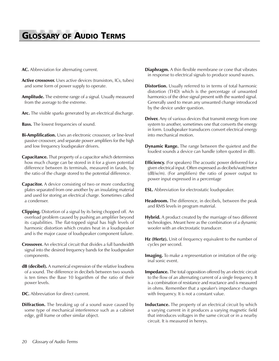 Glossary of audio terms, Lossary of, Udio | Erms | MartinLogan Depth subwoofer User Manual | Page 20 / 24