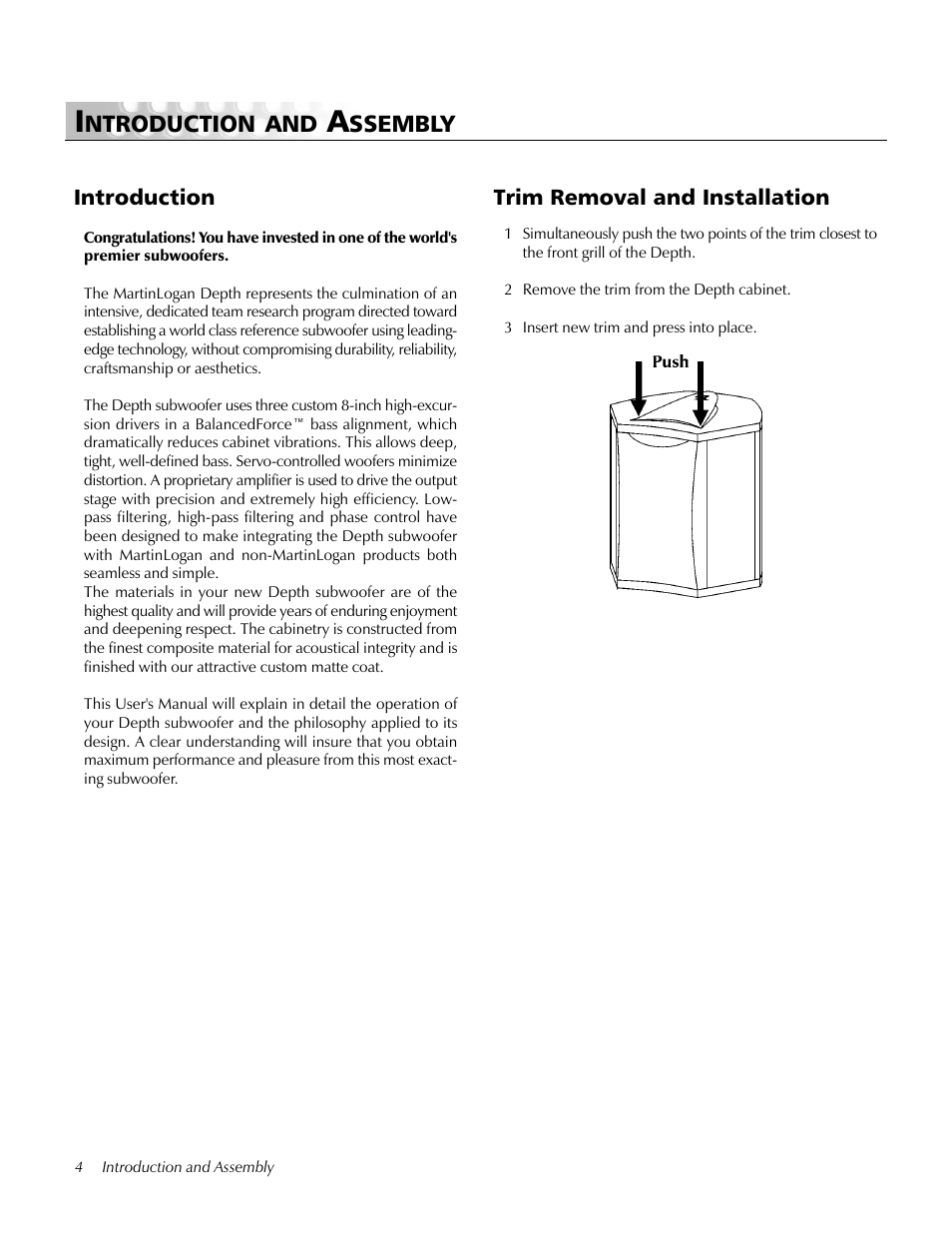 Introduction and assembly, Introduction, Trim removal and installation | Ntroduction and, Ssembly, Introduction trim removal and installation | MartinLogan Depth subwoofer User Manual | Page 4 / 24