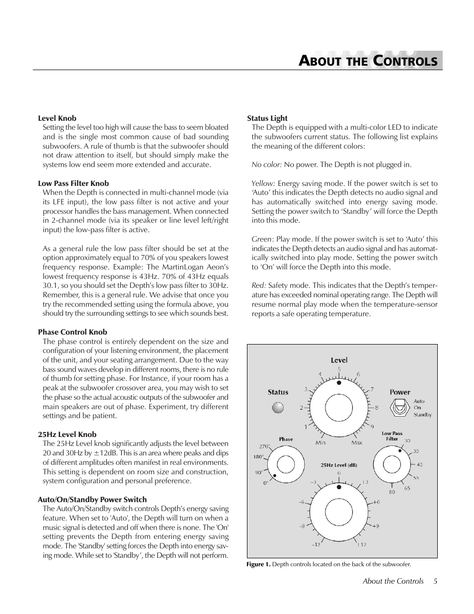 About the controls, Bout the, Ontrols | MartinLogan Depth subwoofer User Manual | Page 5 / 24