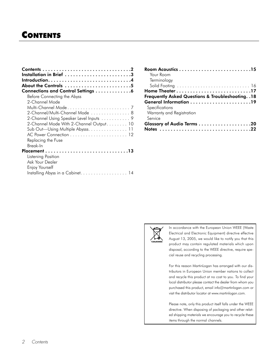 Ontents | MartinLogan Speaker User Manual | Page 2 / 24