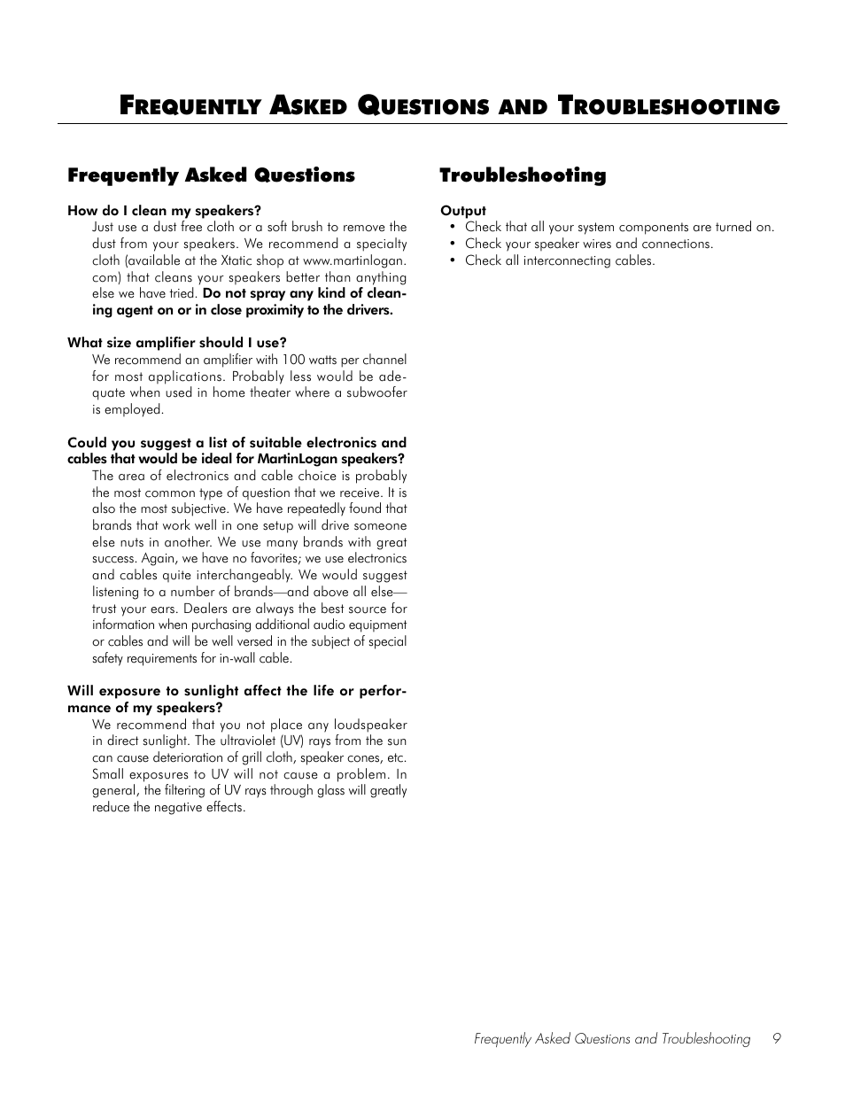 Frequently asked questions, Troubleshooting | MartinLogan Ticket User Manual | Page 9 / 12