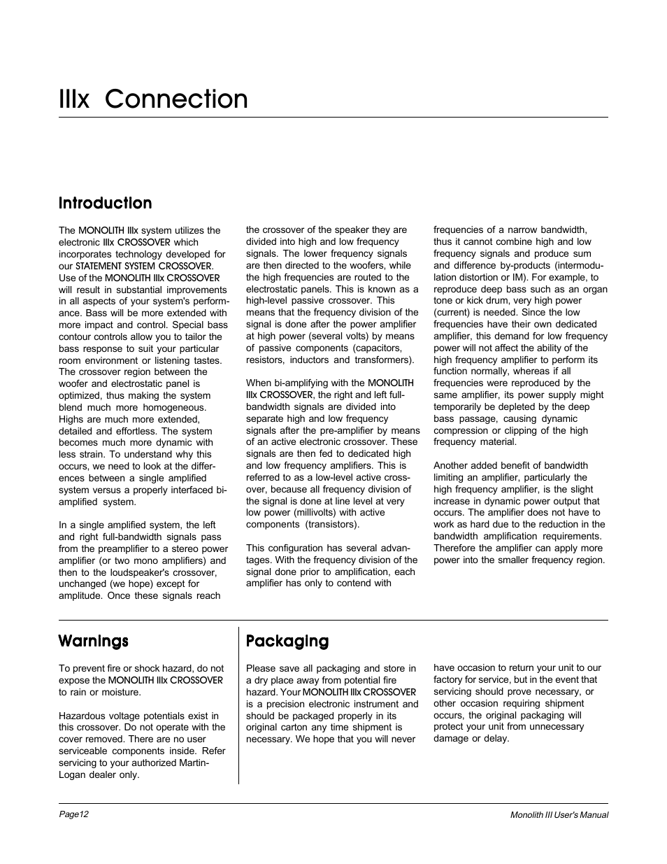 Iiix connection, Introduction, Warnings | Packaging | MartinLogan Monolith III User Manual | Page 12 / 32