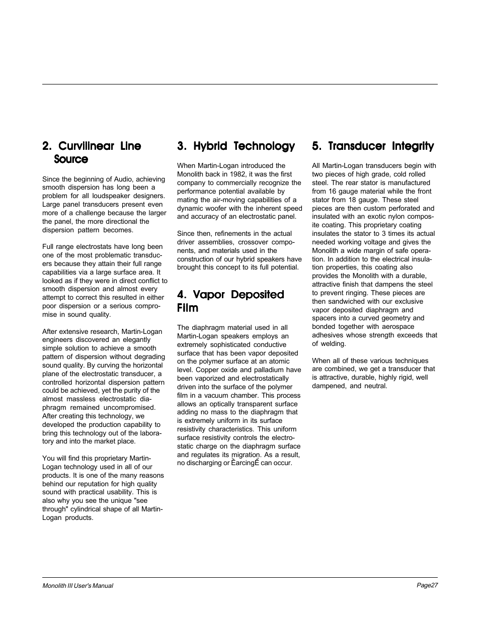 Curvilinear line source, Hybrid technology, Vapor deposited film | Transducer technology | MartinLogan Monolith III User Manual | Page 27 / 32