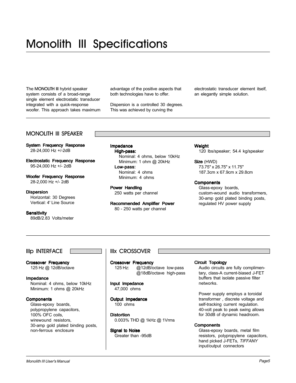 Monolith iii specifications, Monolith iii speaker, Iiix crossover | Iiip interface | MartinLogan Monolith III User Manual | Page 5 / 32