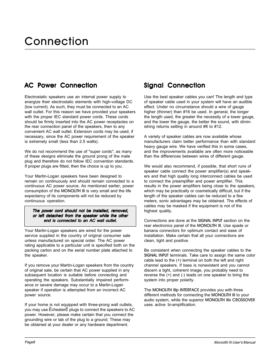 Connection, Ac power connection, Signal connection | MartinLogan Monolith III User Manual | Page 8 / 32
