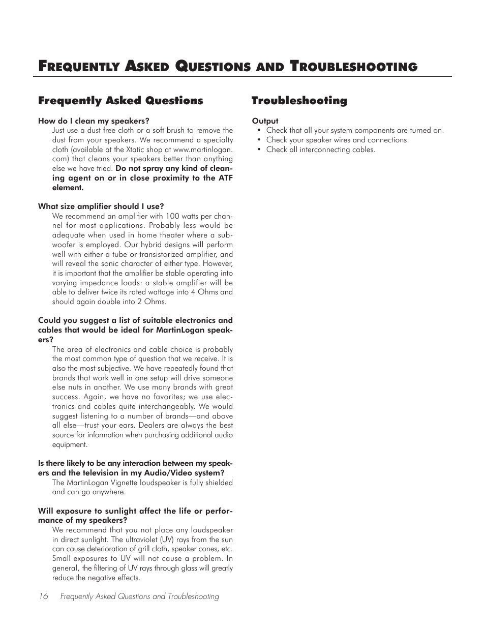 Frequently asked questions, Troubleshooting | MartinLogan Vignette On-Wall/Off-Wall Loudspeaker User Manual | Page 16 / 20
