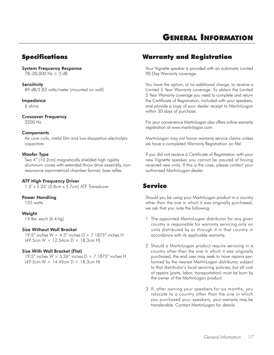 General information, Specifications, Warranty and registration | Service, Eneral, Nformation, Warranty and registration specifications | MartinLogan Vignette On-Wall/Off-Wall Loudspeaker User Manual | Page 17 / 20