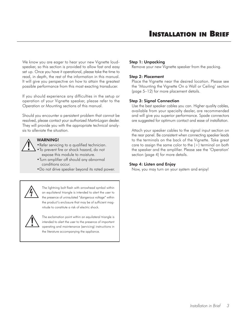 Installation in brief, Nstallation, Rief | MartinLogan Vignette On-Wall/Off-Wall Loudspeaker User Manual | Page 3 / 20