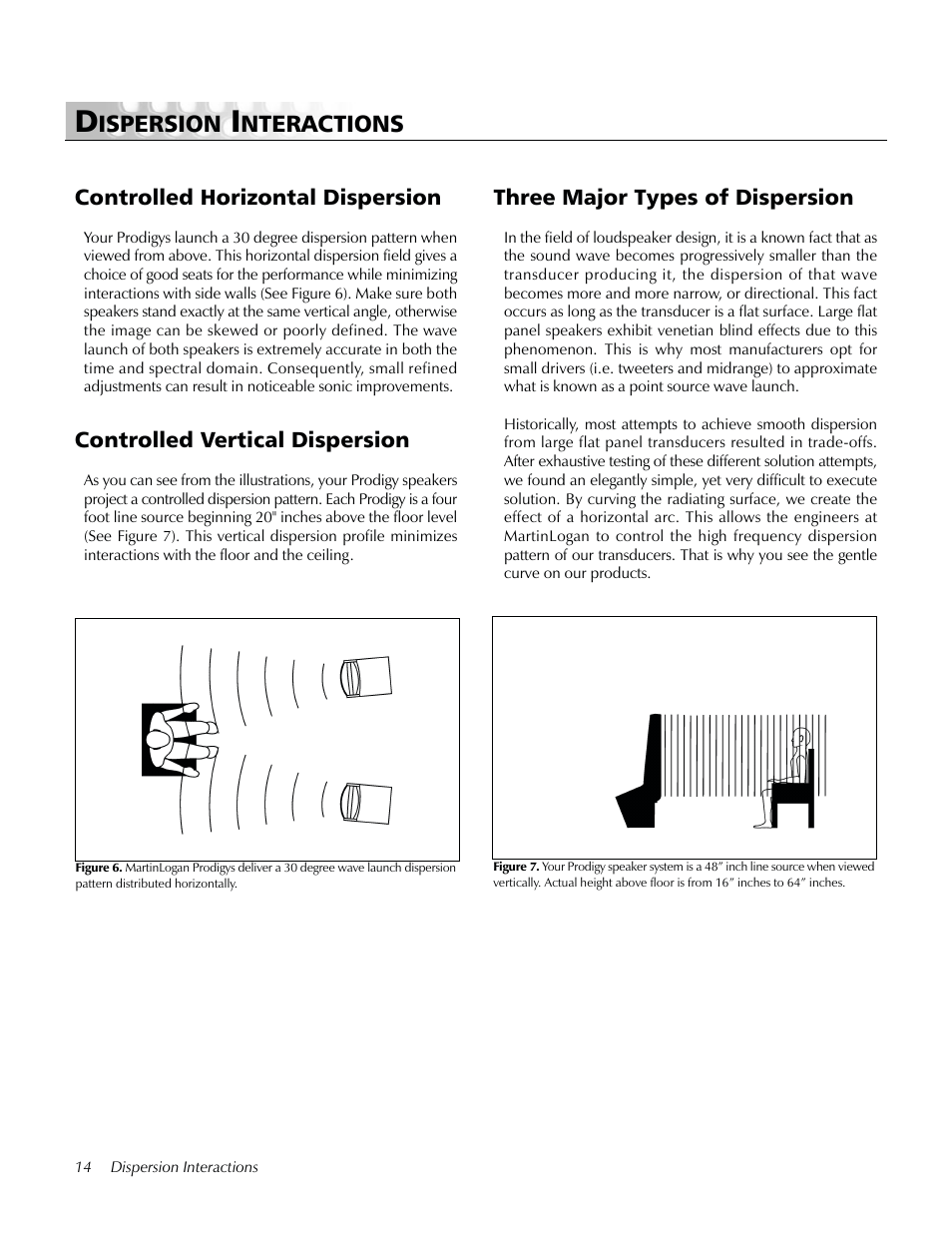 Dispersion interactions, Controlled horizontal dispersion, Controlled vertical dispersion | Three major types of dispersion, Ispersion, Nteractions | MartinLogan Prodigy User Manual | Page 14 / 28