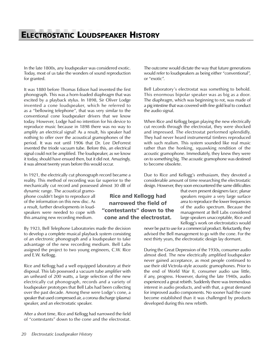 Electrostatic loudspeaker history, Lectrostatic, Oudspeaker | Istory | MartinLogan Prodigy User Manual | Page 20 / 28
