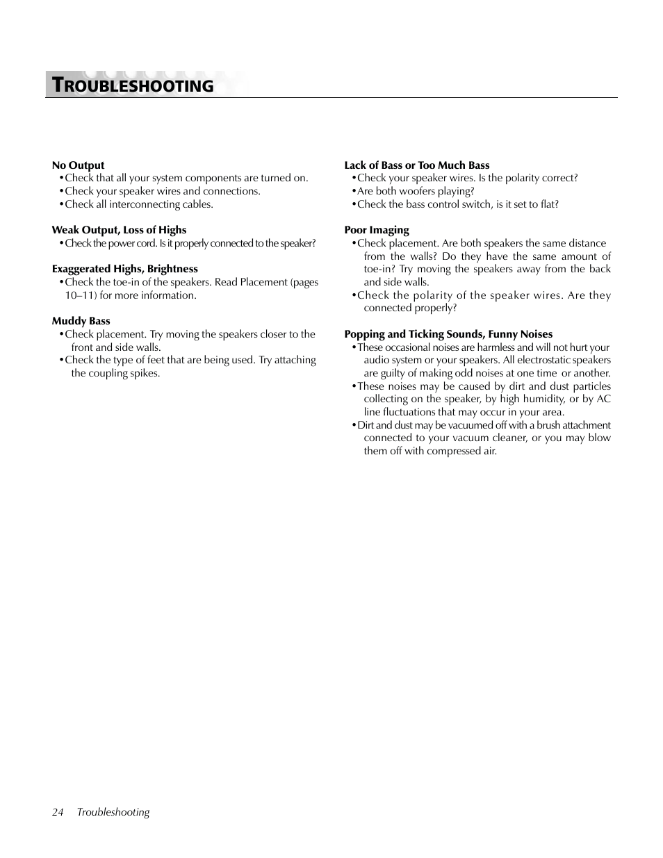 Troubleshooting, Roubleshooting | MartinLogan Prodigy User Manual | Page 24 / 28