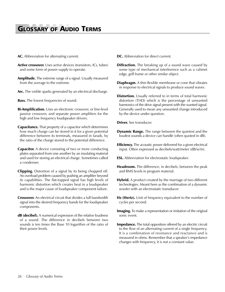 Glossary of audio terms, Lossary of, Udio | Erms | MartinLogan Prodigy User Manual | Page 26 / 28