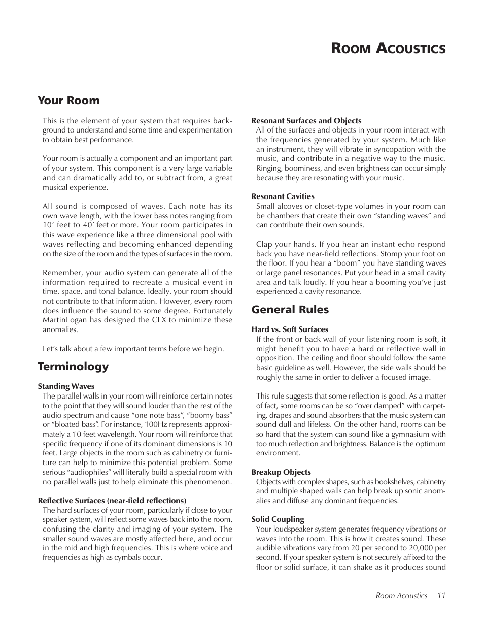 Coustics, Terminology, General rules | Your room | MartinLogan CLX User Manual | Page 11 / 28