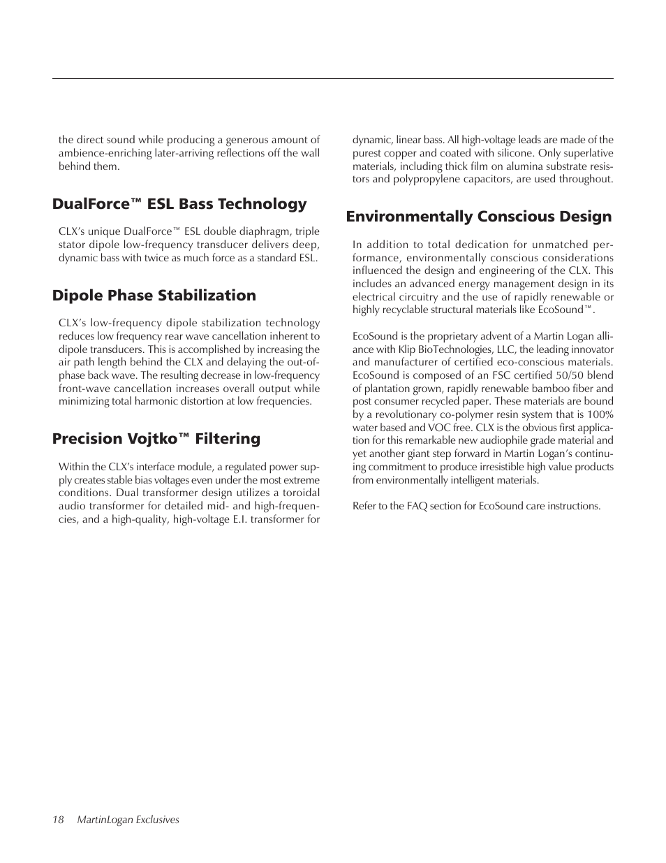 Dualforce™ esl bass technology, Dipole phase stabilization, Precision vojtko™ filtering | Environmentally conscious design | MartinLogan CLX User Manual | Page 18 / 28