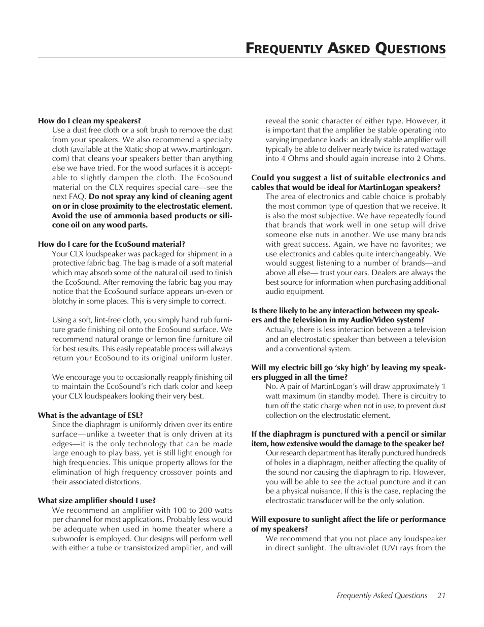 Requently, Sked, Uestions | MartinLogan CLX User Manual | Page 21 / 28
