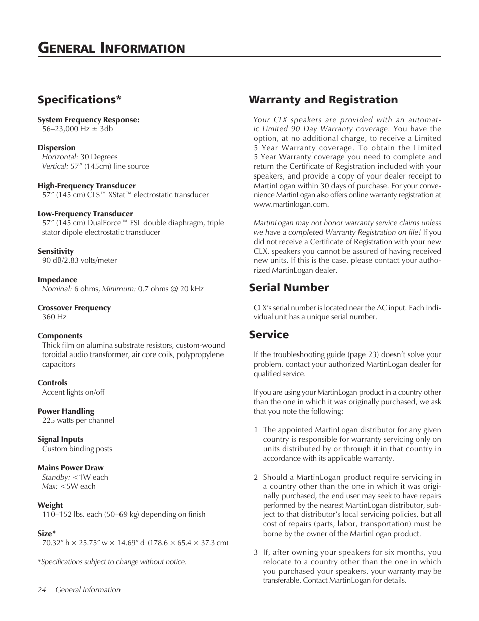 Eneral, Nformation, Serial number | Service, Specifications* warranty and registration | MartinLogan CLX User Manual | Page 24 / 28