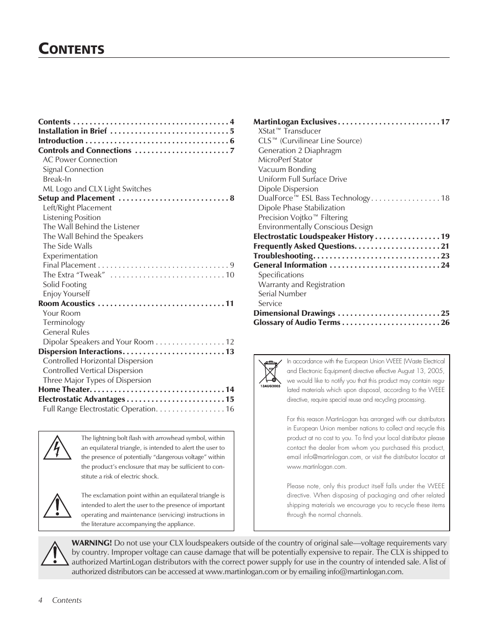 Ontents | MartinLogan CLX User Manual | Page 4 / 28