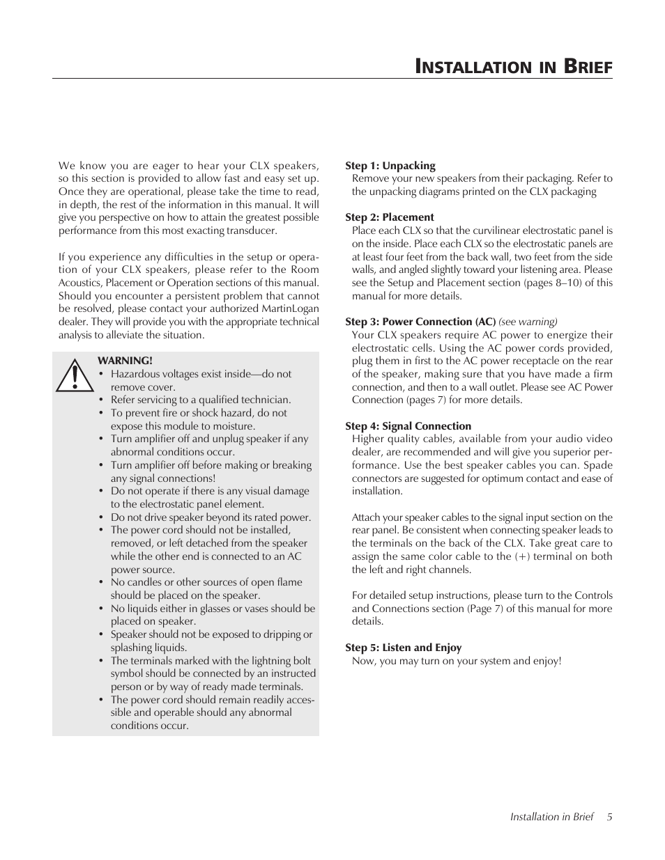 Nstallation, Rief | MartinLogan CLX User Manual | Page 5 / 28