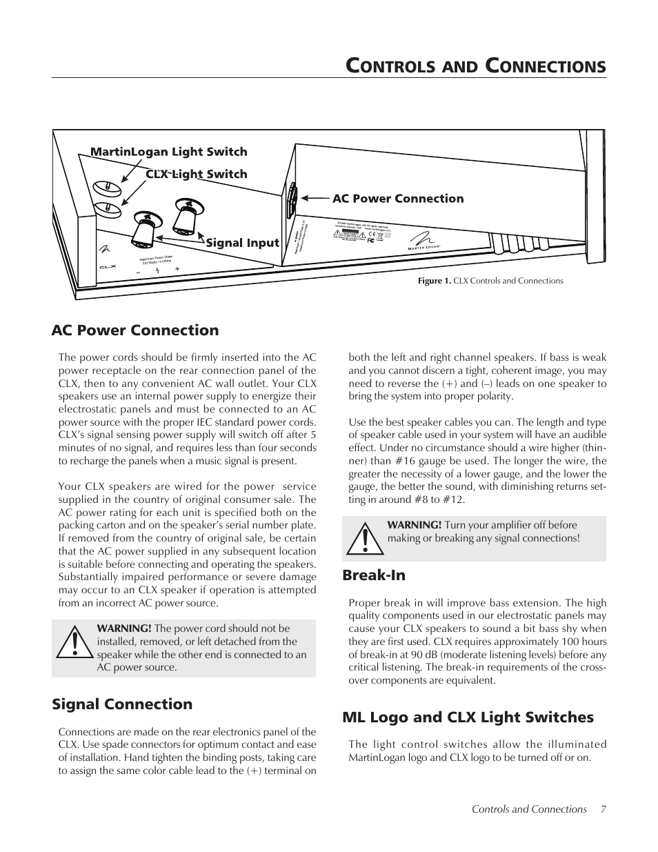 Ontrols, Onnections, Signal connection | Break-in, Ml logo and clx light switches, Ac power connection | MartinLogan CLX User Manual | Page 7 / 28