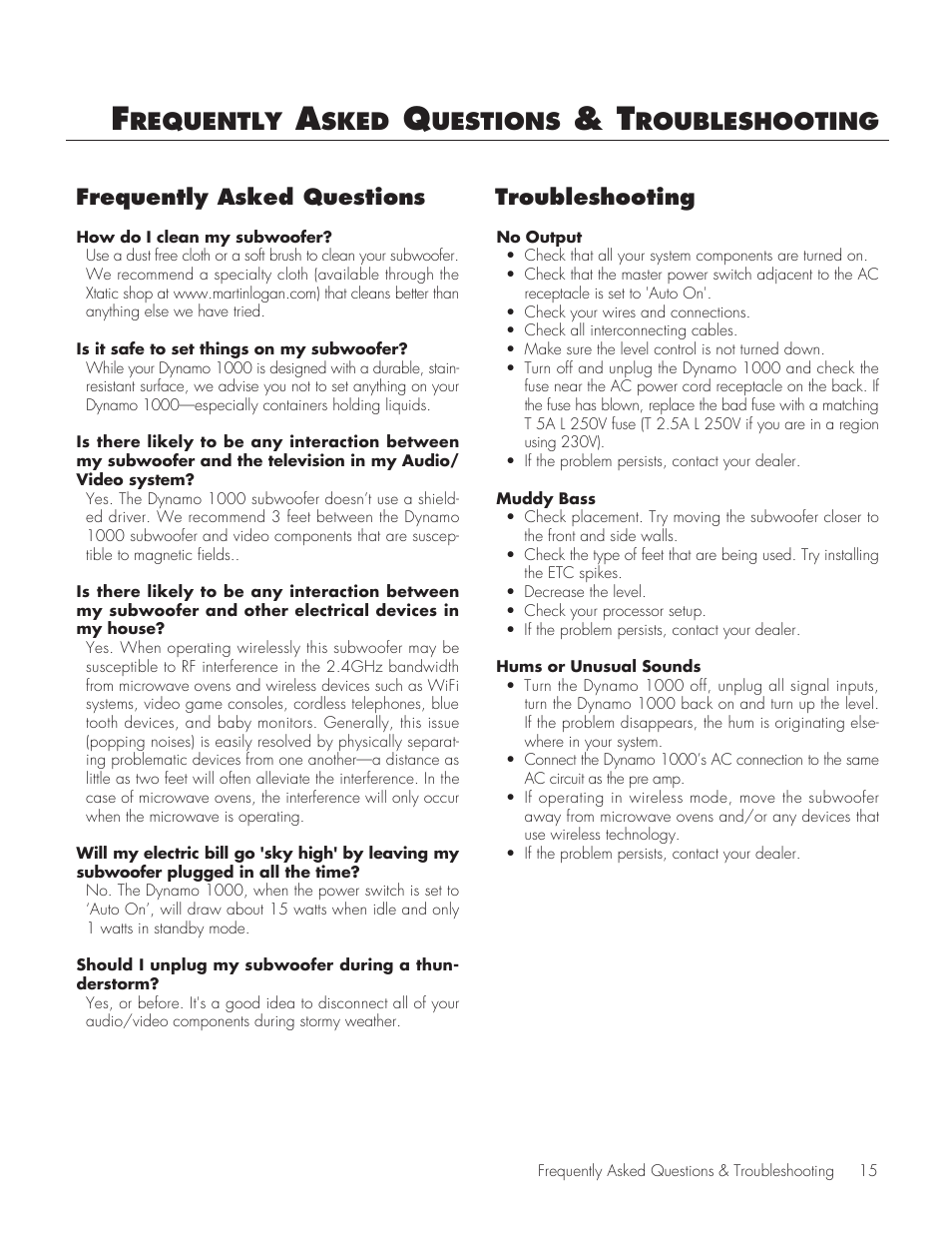 Requently, Sked, Uestions | Roubleshooting, Frequently asked questions, Troubleshooting | MartinLogan 1000 User Manual | Page 15 / 20