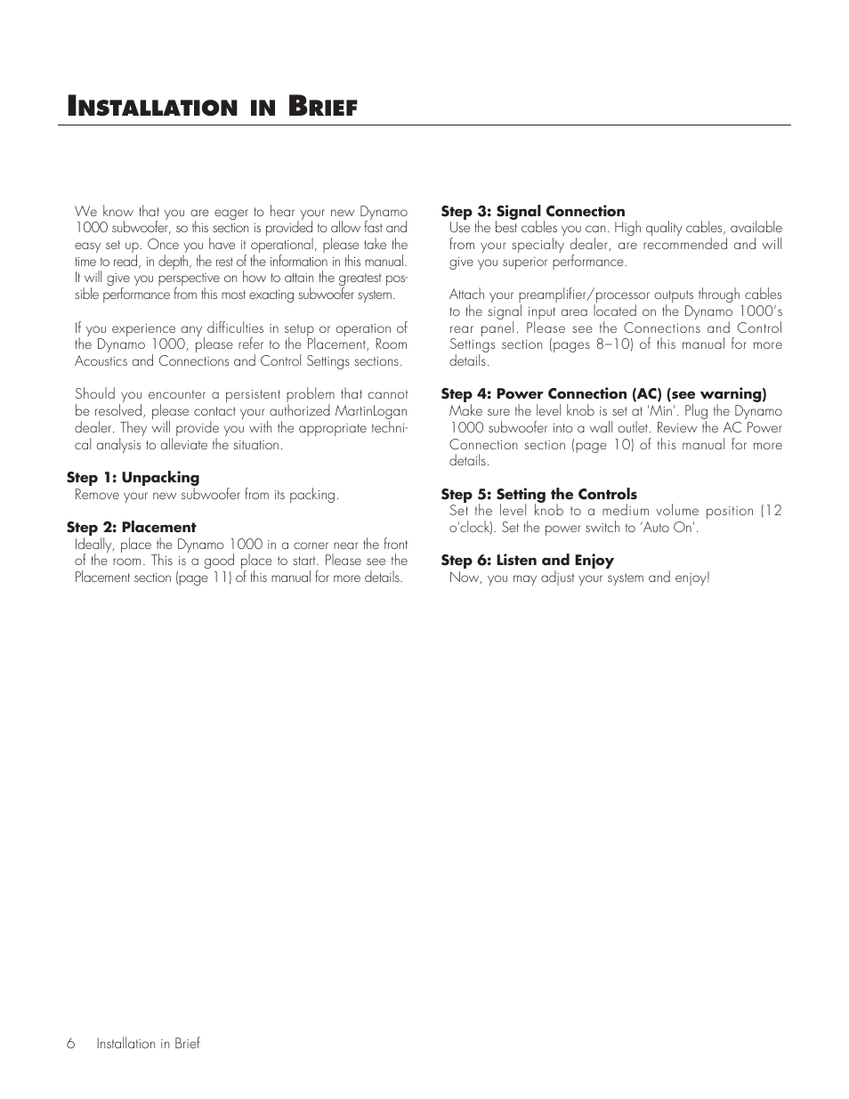 Nstallation, Rief | MartinLogan 1000 User Manual | Page 6 / 20