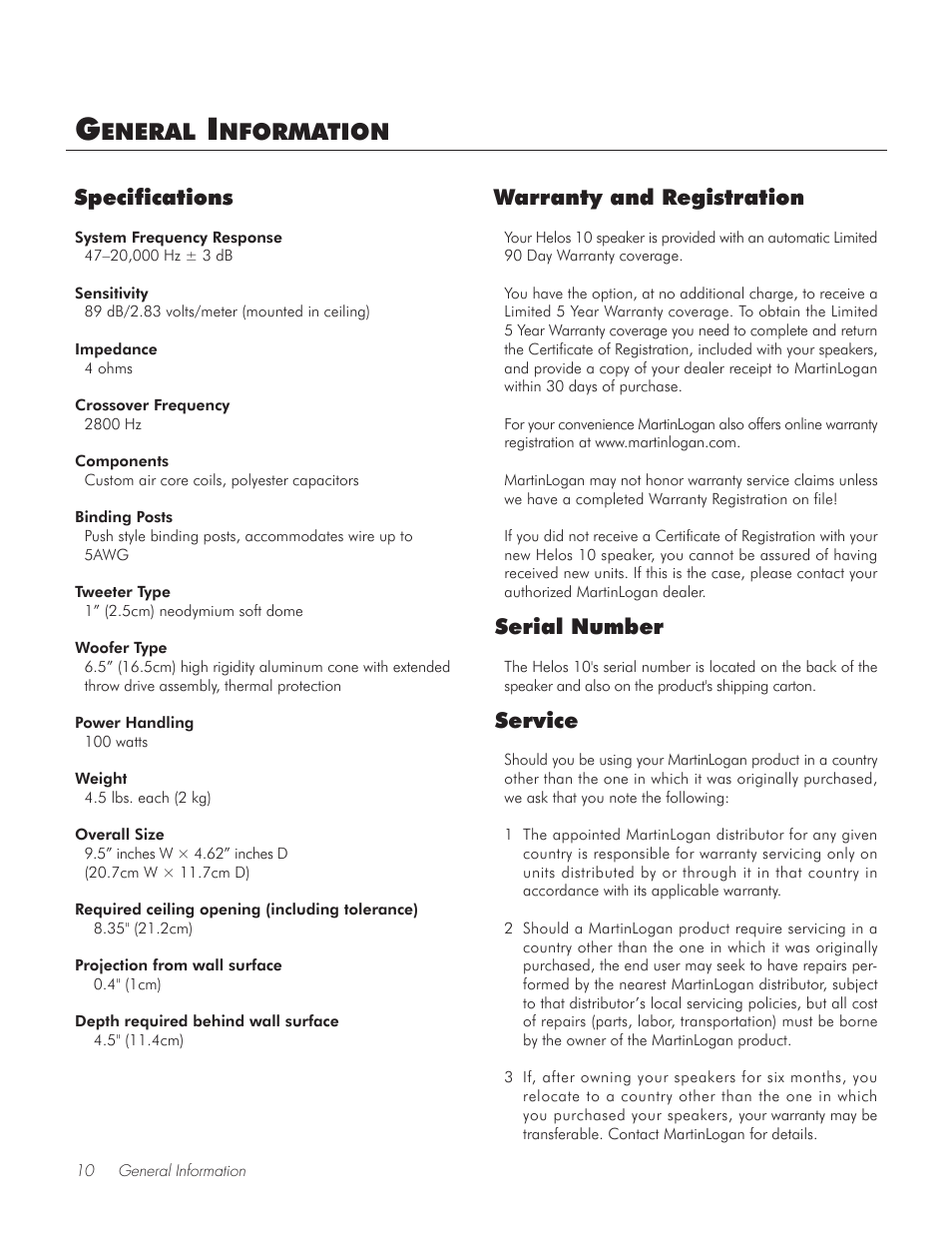 Eneral, Nformation, Serial number | Service, Warranty and registration specifications | MartinLogan Motion Helos 10 User Manual | Page 10 / 12