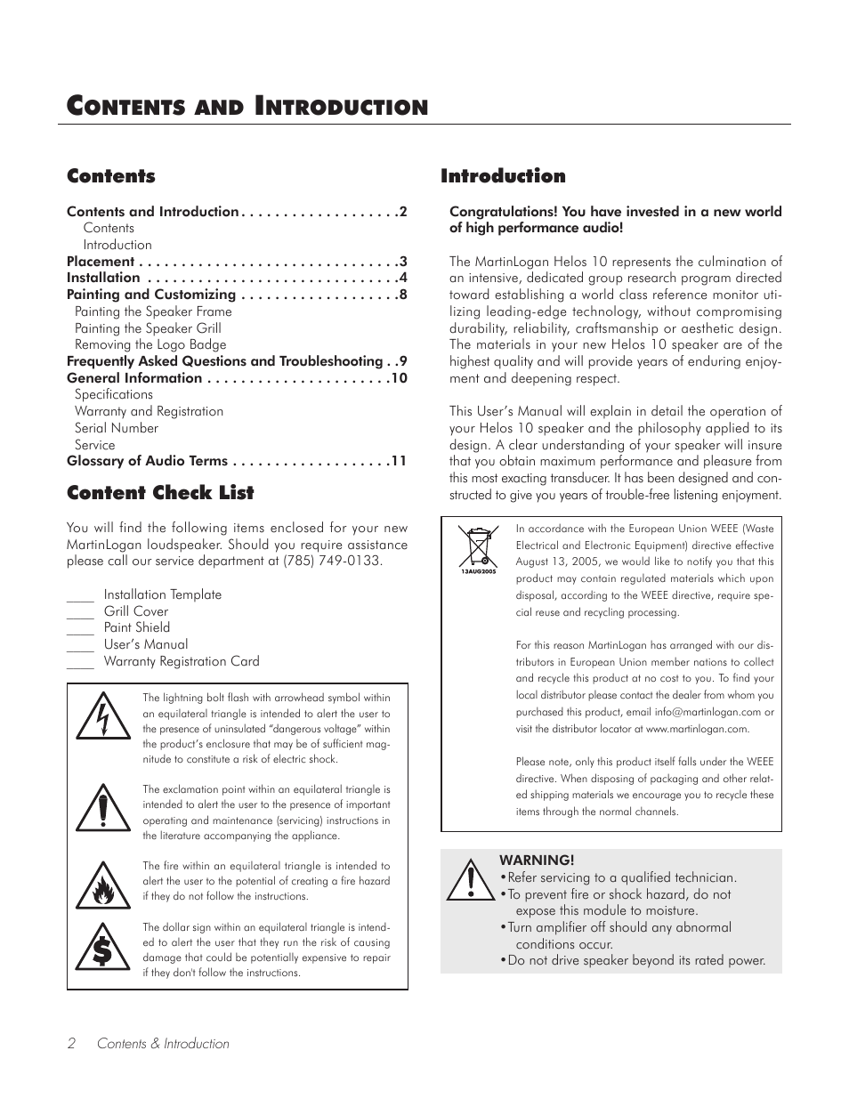 Ontents, Ntroduction, Content check list | Contents introduction | MartinLogan Motion Helos 10 User Manual | Page 2 / 12