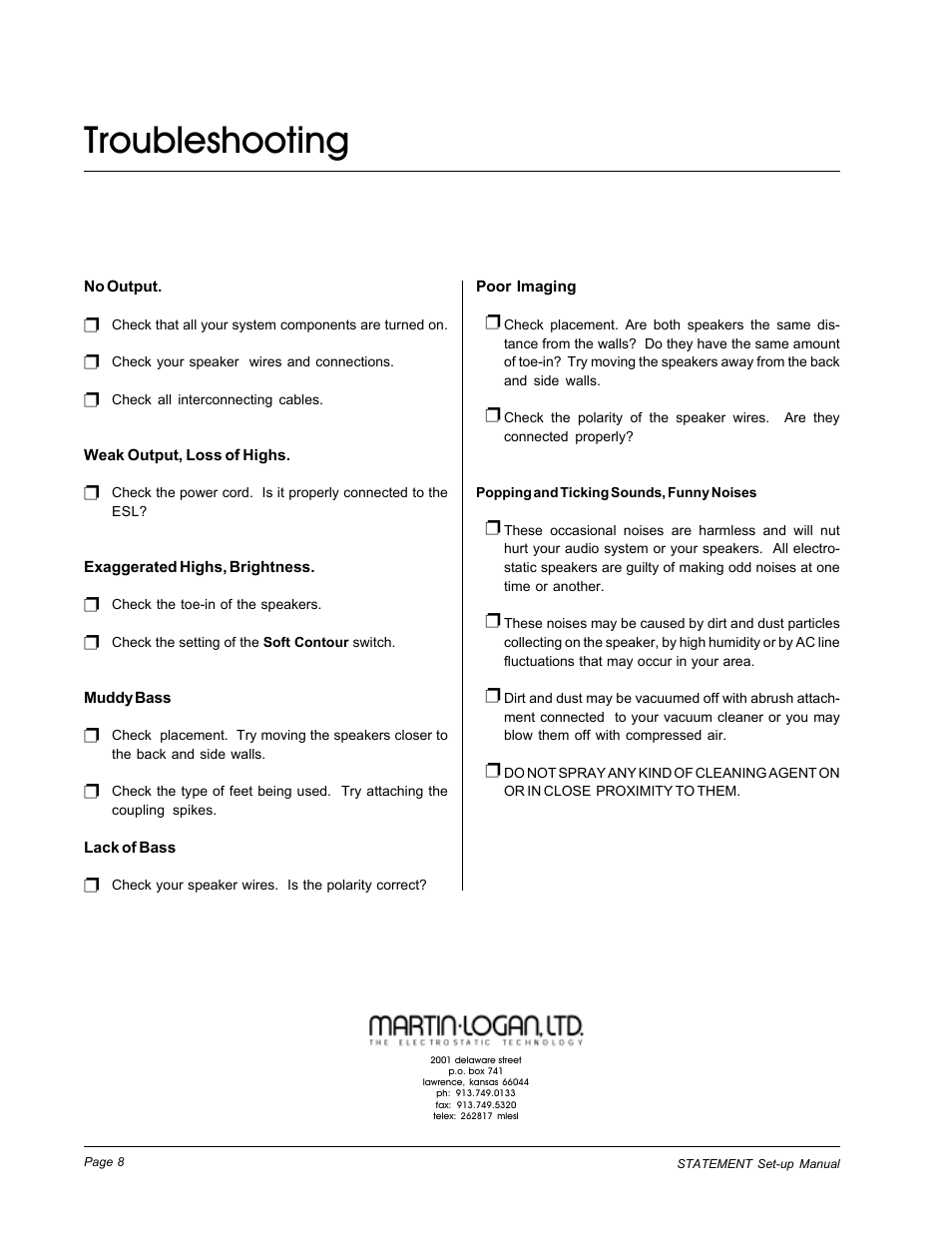 Troubleshooting | MartinLogan Speaker System User Manual | Page 8 / 8