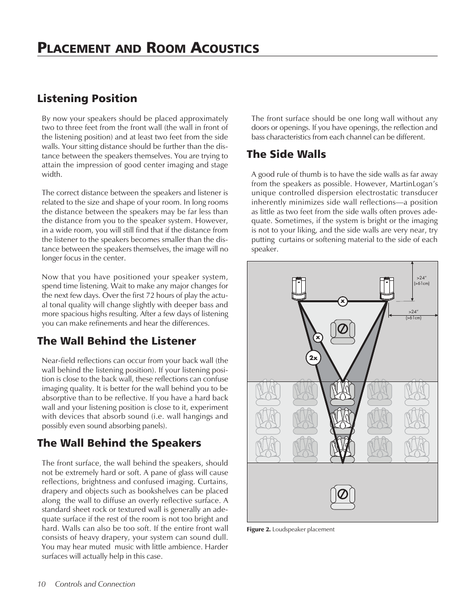 Lacement, Coustics, The wall behind the listener | The wall behind the speakers, The side walls, Listening position | MartinLogan Xstat Summit X User Manual | Page 10 / 28