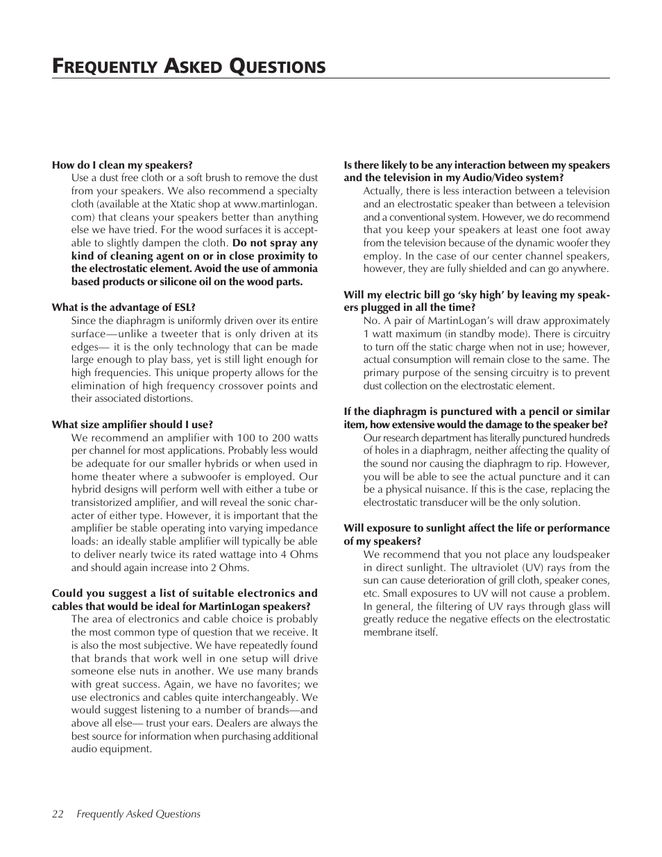 Requently, Sked, Uestions | MartinLogan Xstat Summit X User Manual | Page 22 / 28