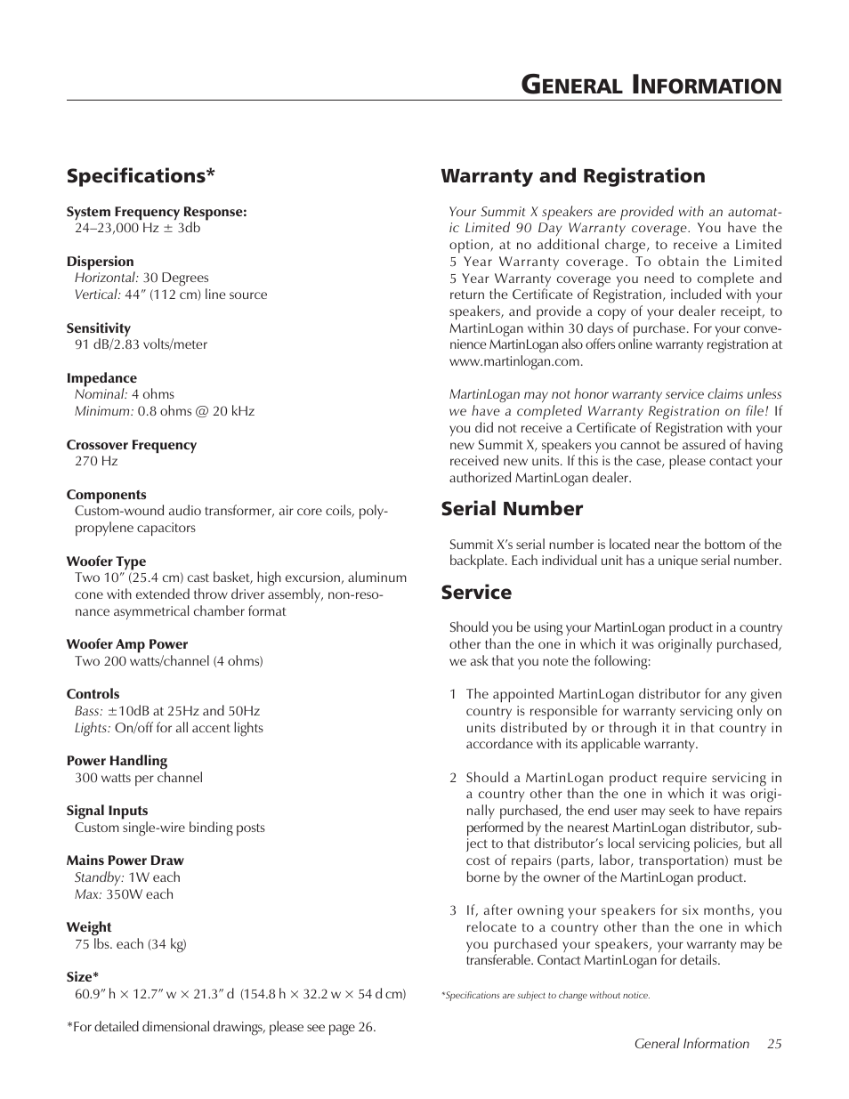 Eneral, Nformation, Serial number | Service, Specifications* warranty and registration | MartinLogan Xstat Summit X User Manual | Page 25 / 28