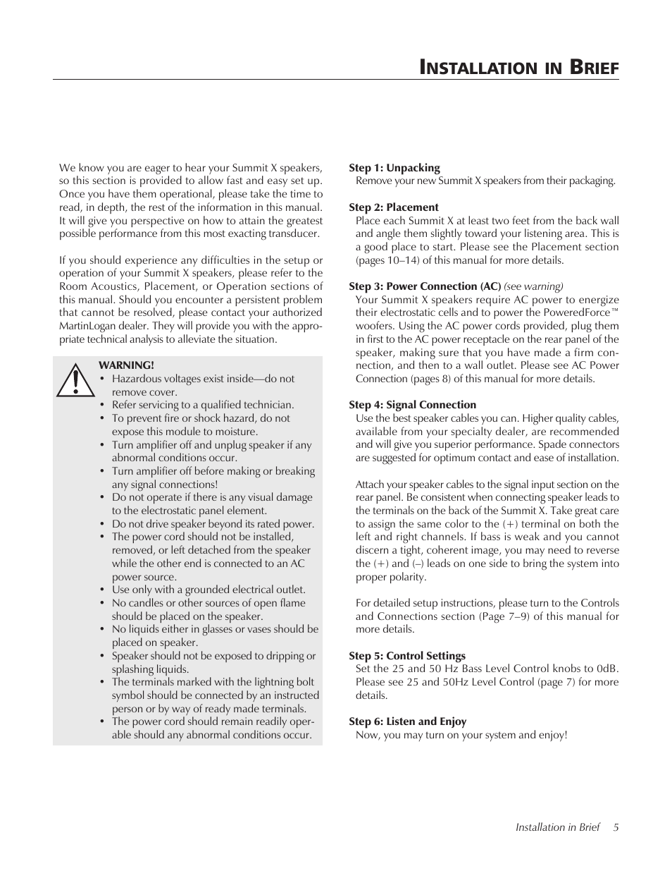Nstallation, Rief | MartinLogan Xstat Summit X User Manual | Page 5 / 28