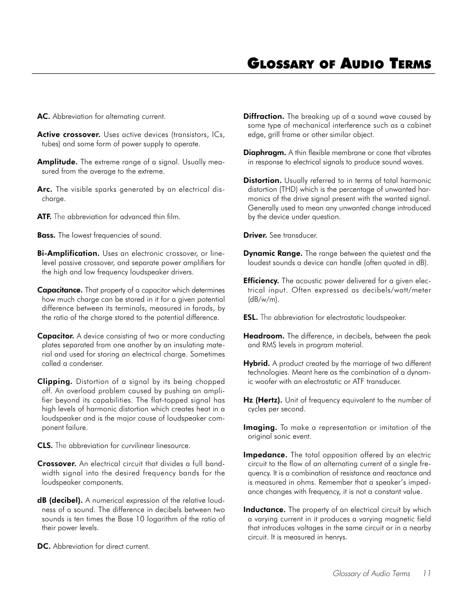 Glossary of audio terms, Lossary, Udio | Erms | MartinLogan Home Theater System User Manual | Page 11 / 12