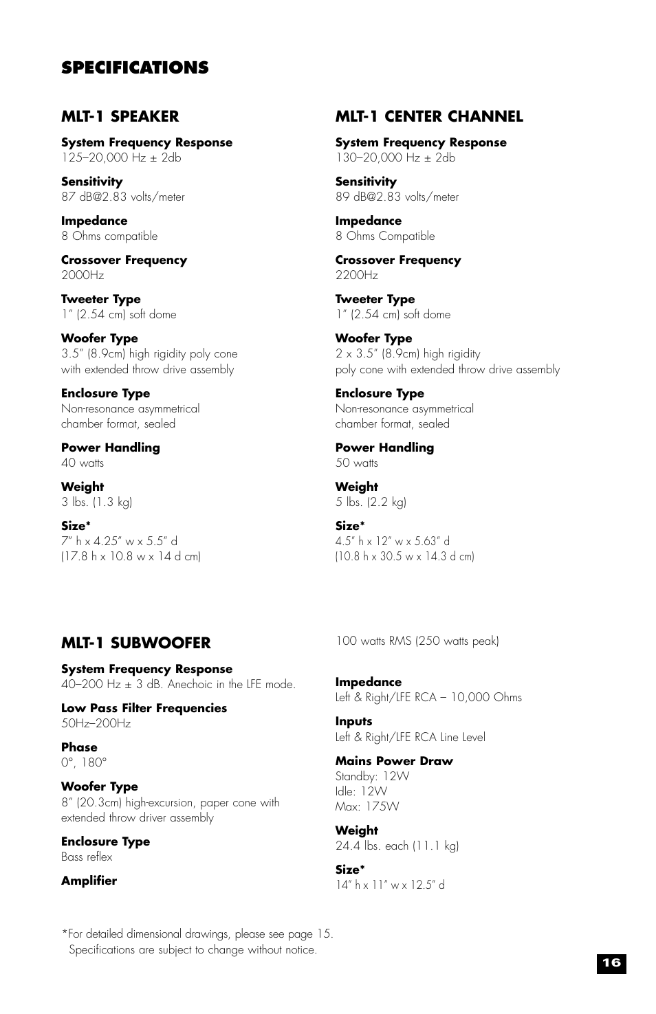 Specifications, Mlt-1 speaker, Mlt-1 center channel | Mlt-1 subwoofer | MartinLogan MLT-1 User Manual | Page 17 / 20