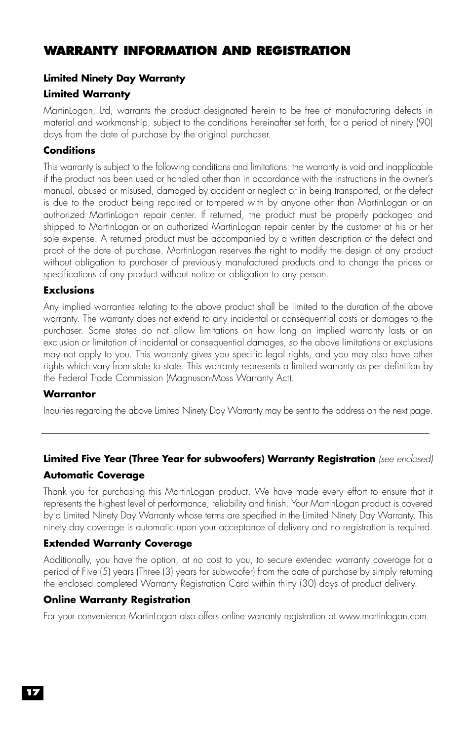 Warranty information and registration | MartinLogan MLT-1 User Manual | Page 18 / 20