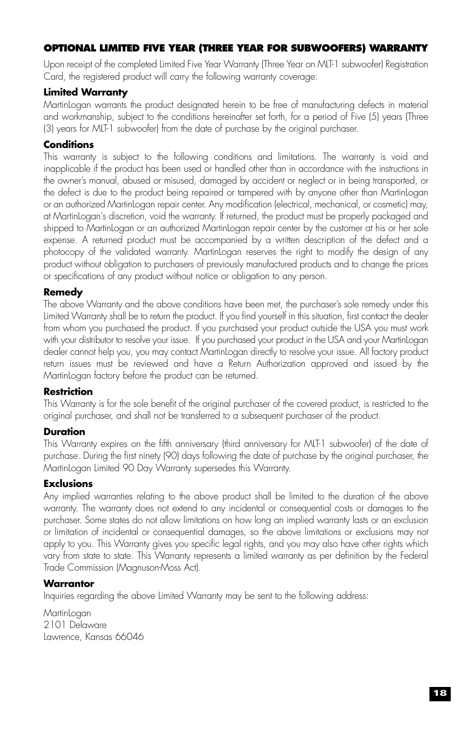 MartinLogan MLT-1 User Manual | Page 19 / 20