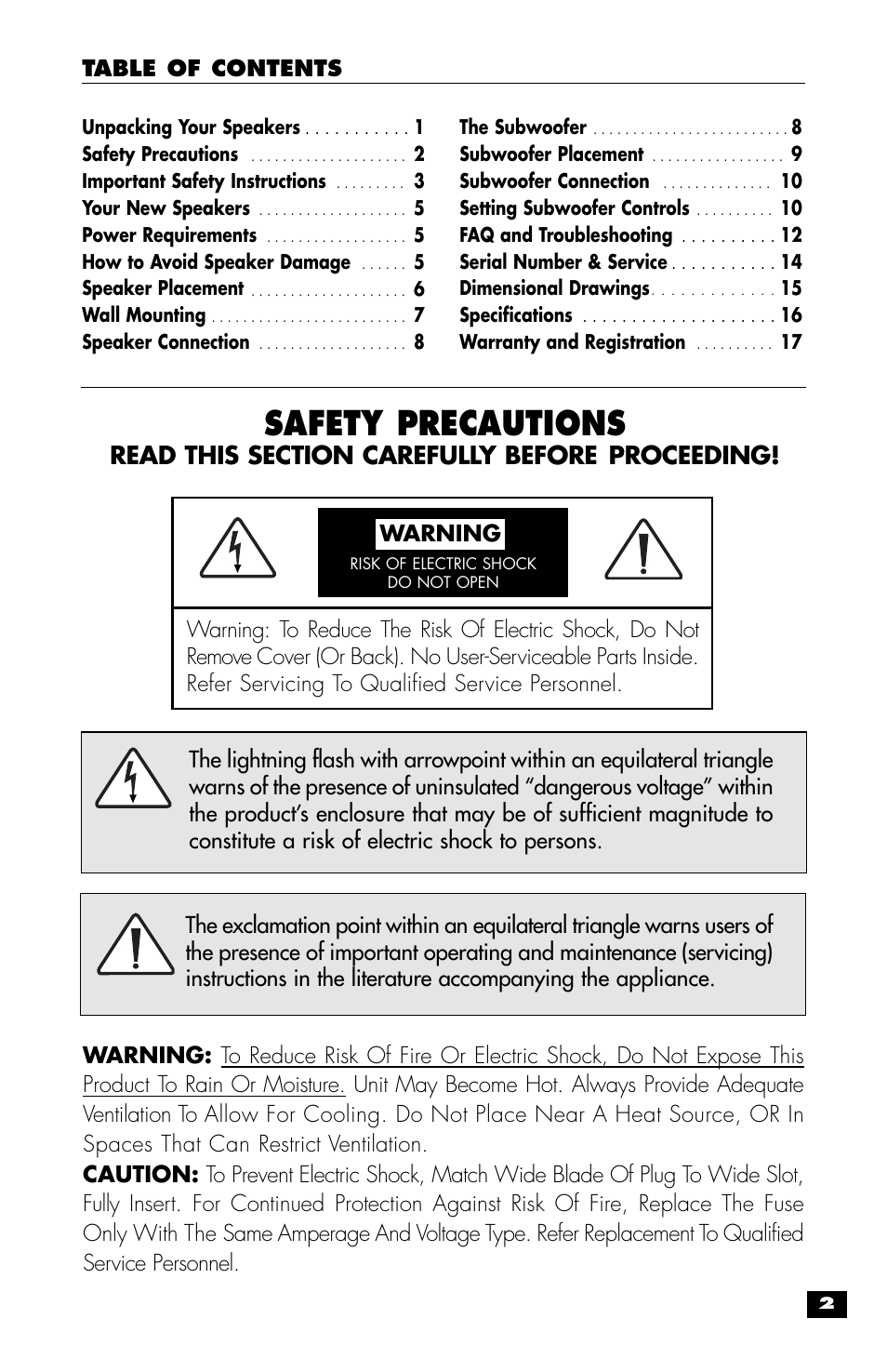 Safety precautions, Warning | MartinLogan MLT-1 User Manual | Page 3 / 20