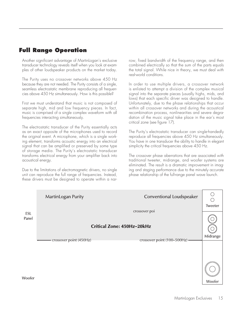 Martinlogan exclusives, Full range operation | MartinLogan Purity Fully Powered Hybrid Electrostatic Loudspeaker User Manual | Page 15 / 28