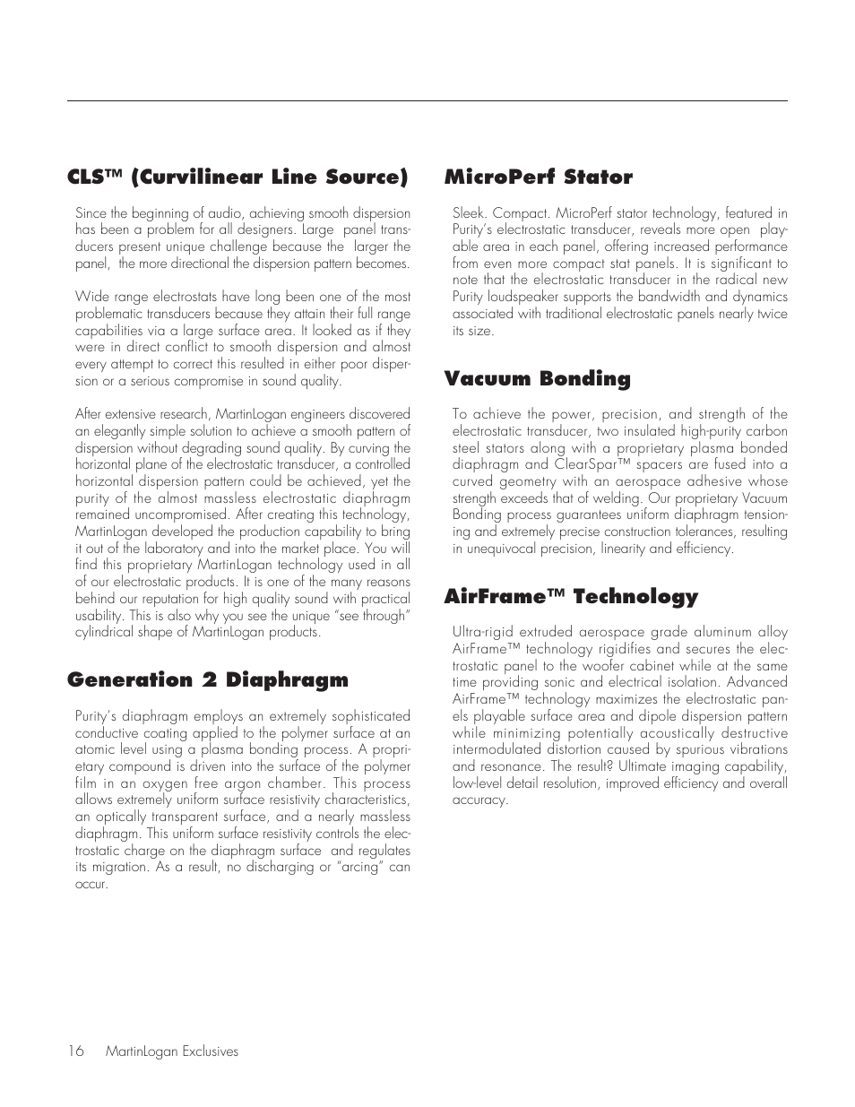 Cls™ (curvilinear line source), Generation 2 diaphragm, Microperf stator | Vacuum bonding, Airframe™ technology | MartinLogan Purity Fully Powered Hybrid Electrostatic Loudspeaker User Manual | Page 16 / 28