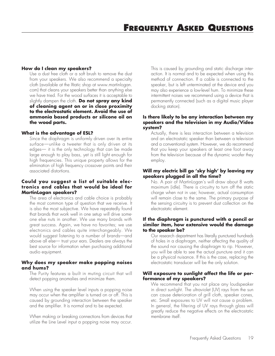 Requently, Sked, Uestions | MartinLogan Purity Fully Powered Hybrid Electrostatic Loudspeaker User Manual | Page 19 / 28
