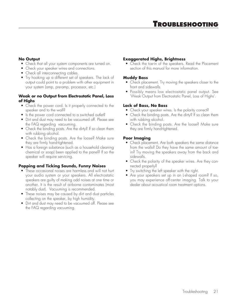 Troubleshooting, Roubleshooting | MartinLogan Purity Fully Powered Hybrid Electrostatic Loudspeaker User Manual | Page 21 / 28