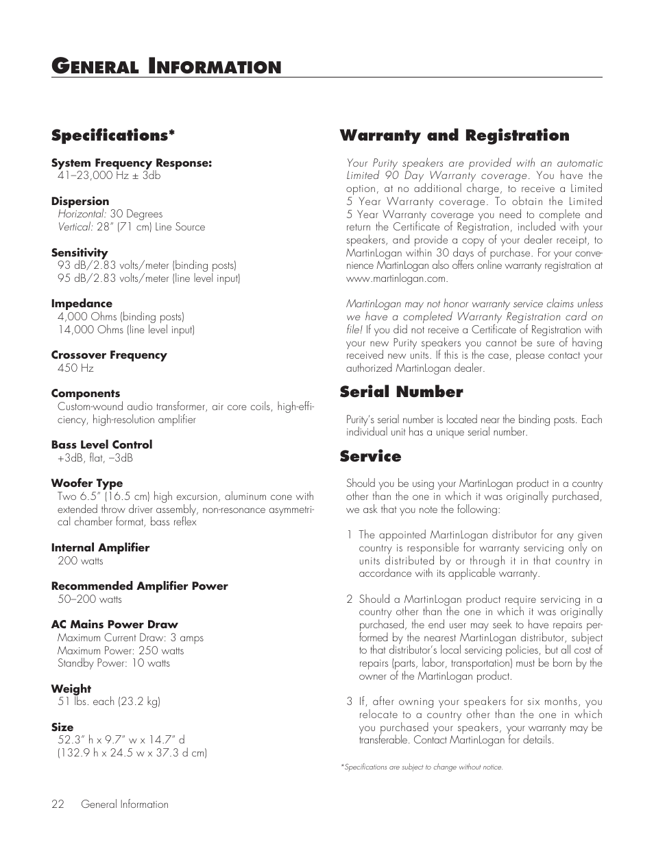 General information, Specifications, Warranty and registration | Serial number, Service, Eneral, Nformation, Specifications* warranty and registration | MartinLogan Purity Fully Powered Hybrid Electrostatic Loudspeaker User Manual | Page 22 / 28