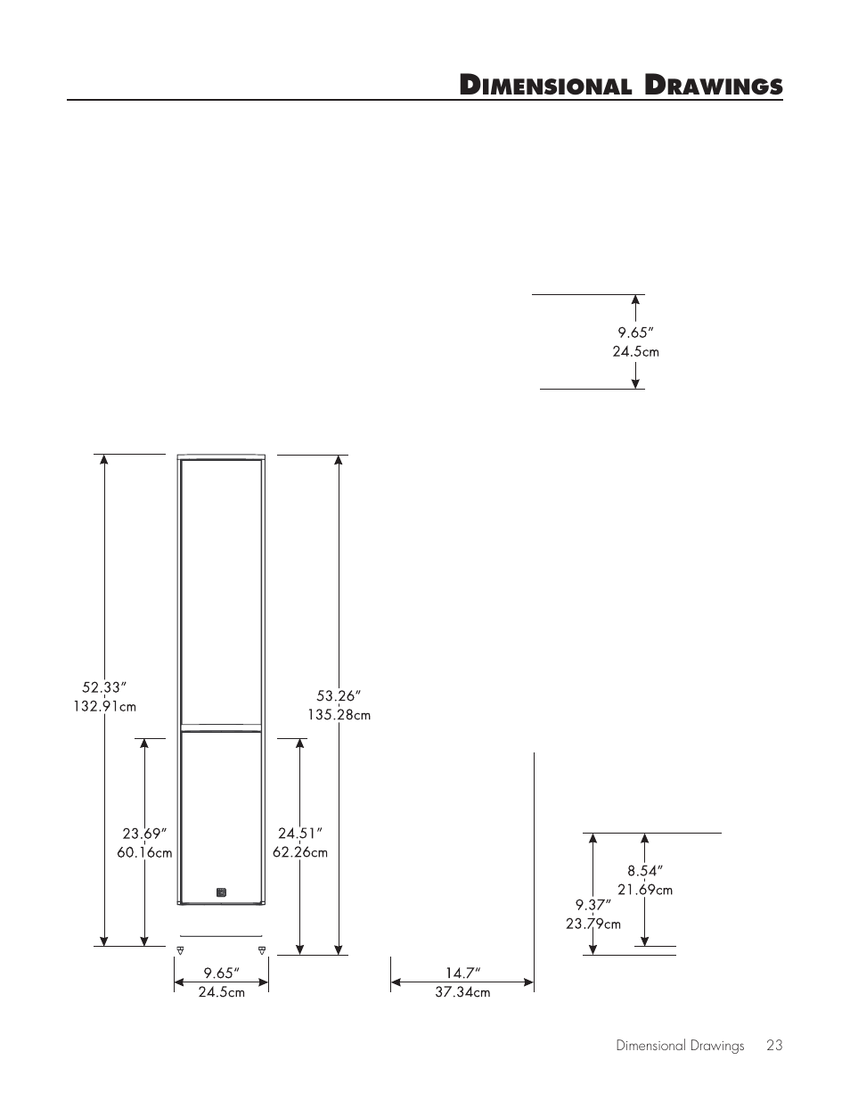 Dimensional drawings | MartinLogan Purity Fully Powered Hybrid Electrostatic Loudspeaker User Manual | Page 23 / 28