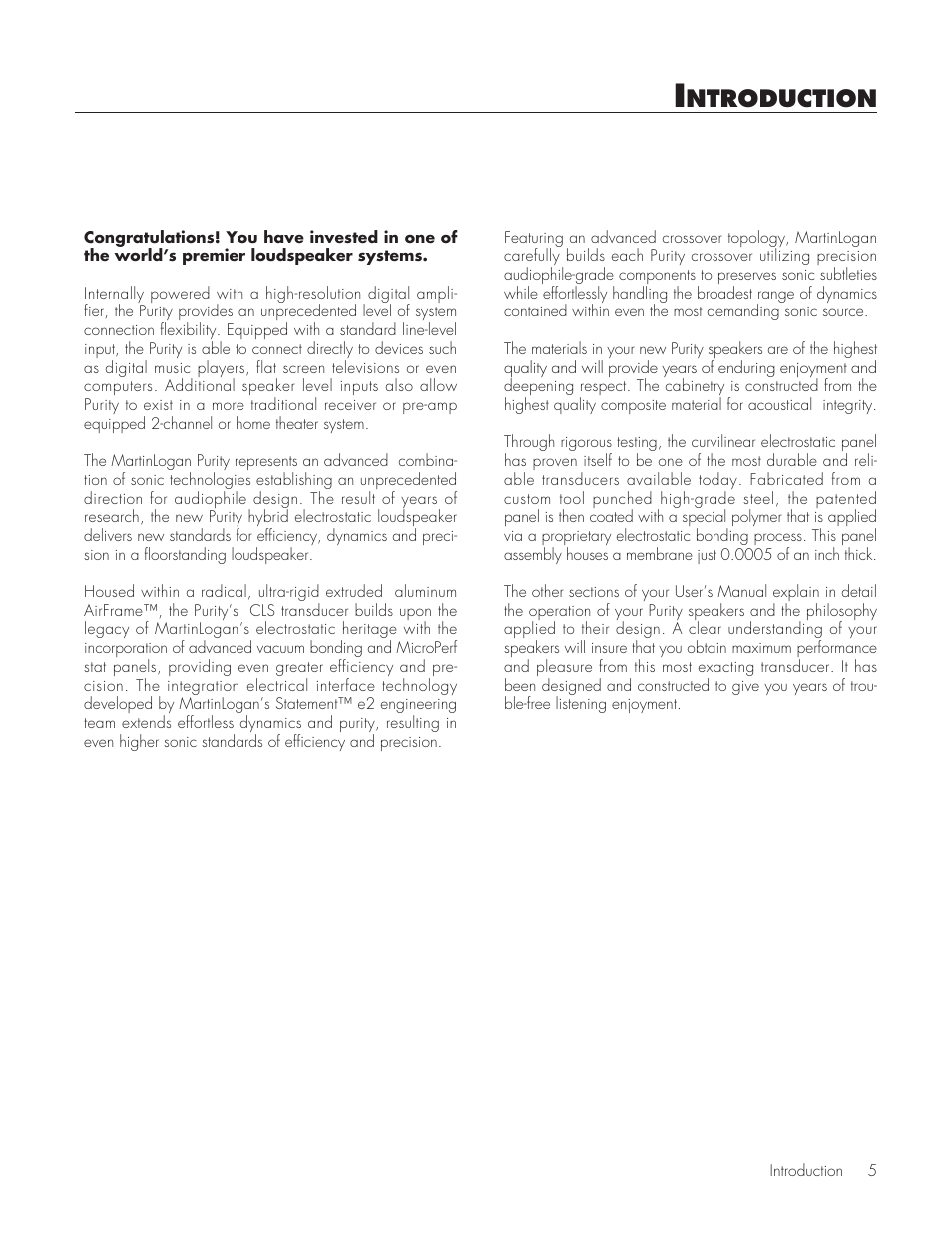 Introduction, Ntroduction | MartinLogan Purity Fully Powered Hybrid Electrostatic Loudspeaker User Manual | Page 5 / 28
