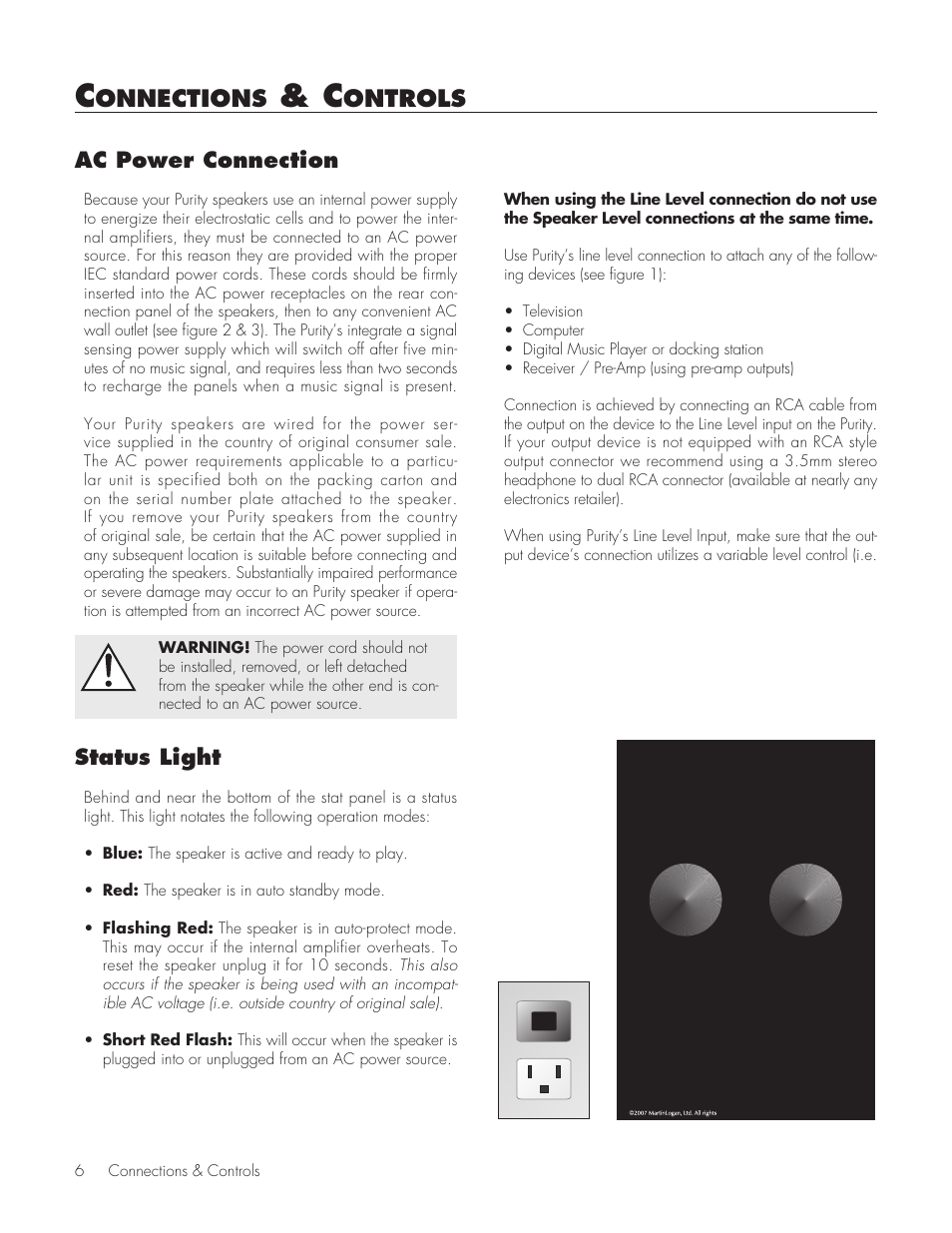 Connections & controls, Ac power connection, Status light | Line level (rca) connection, Onnections, Ontrols | MartinLogan Purity Fully Powered Hybrid Electrostatic Loudspeaker User Manual | Page 6 / 28